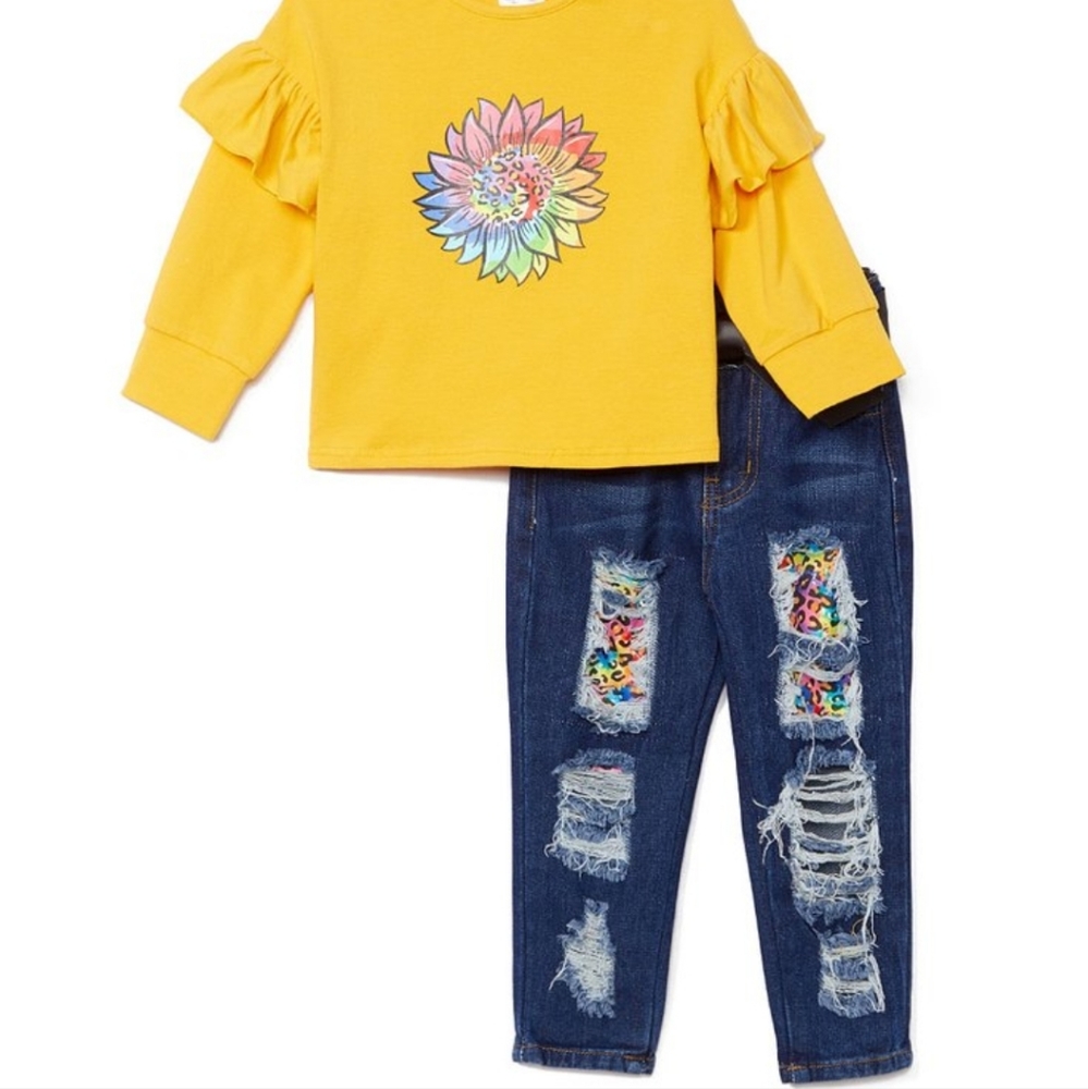 ***NWT XXS ADORABLE 2PC YELLOW SUNFLOWER TOP/RAINBOW LEOPARD JEANS***